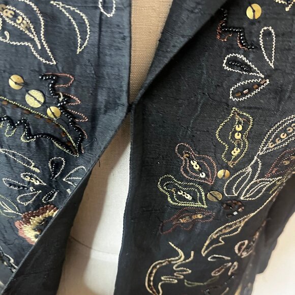 Laura Ashley Black Embroidered and Beaded Floral Print Raw Silk Blend Jacket Siz - Picture 6 of 8